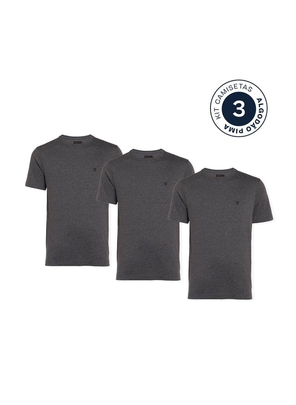 Kit 3 Camisetas Slim Pima Cinza Médio Masculina Individual