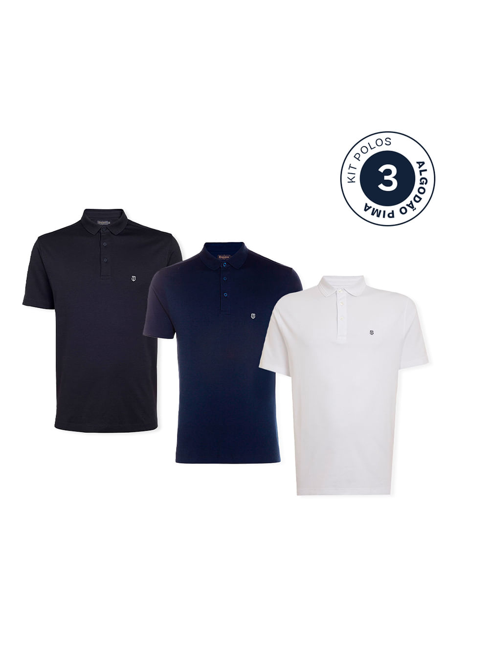 Kit 3 Polos Slim Pima Preto Branco Azul Masculina Individual
